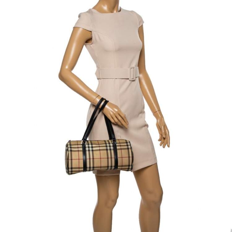 Pre Owned Burberry Beige/Black House Check Coated Canvas Duffel Bag