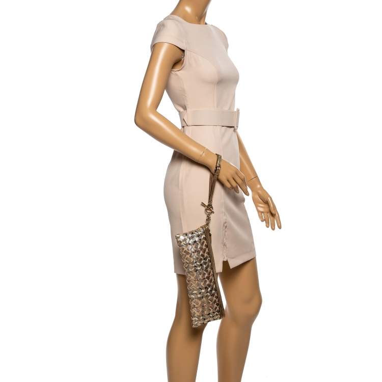 Pre Owned Burberry Beige/Gold Haymarket Check Coated Canvas and Leather Zip Wristlet Clutch