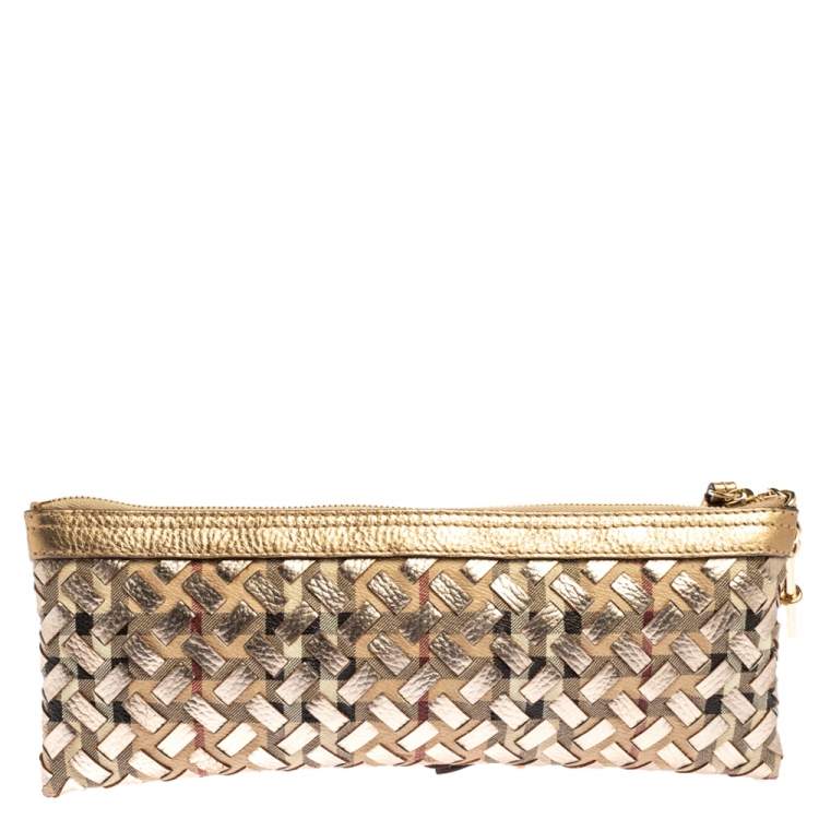 Pre Owned Burberry Beige/Gold Haymarket Check Coated Canvas and Leather Zip Wristlet Clutch