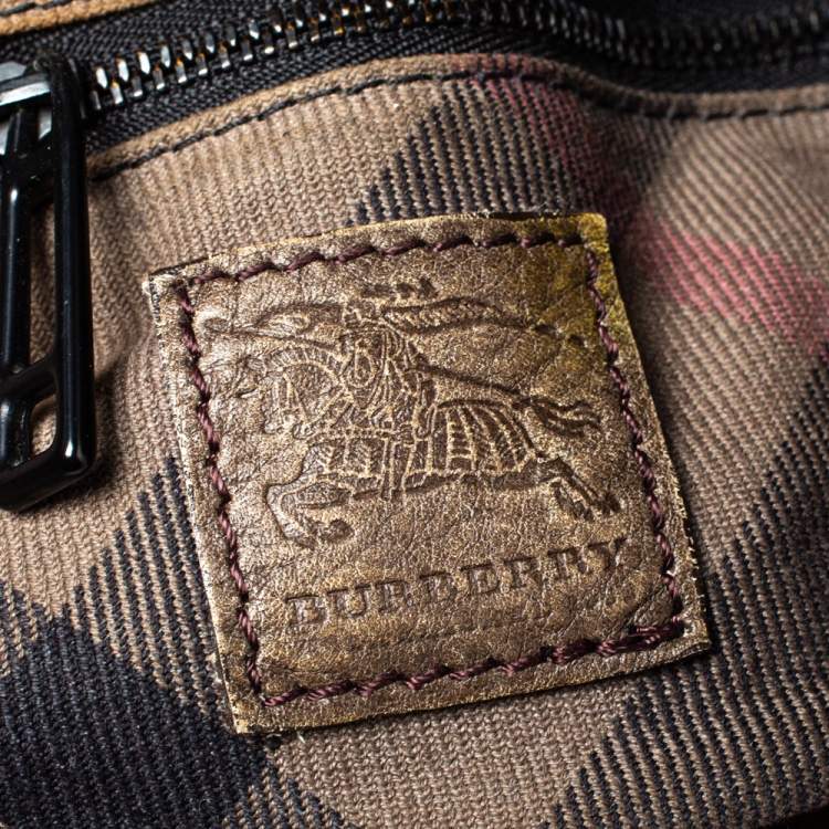 Pre Owned Burberry Dark Brown Logo Embossed Leather Buckle Detail Hobo