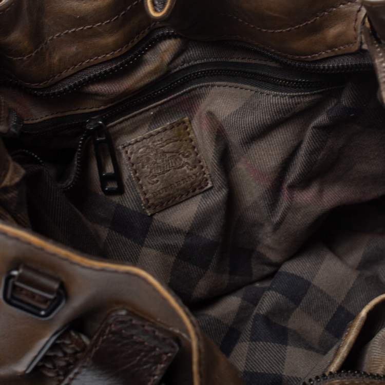 Pre Owned Burberry Dark Brown Logo Embossed Leather Buckle Detail Hobo