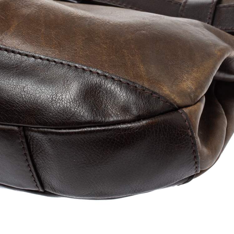 Pre Owned Burberry Dark Brown Logo Embossed Leather Buckle Detail Hobo