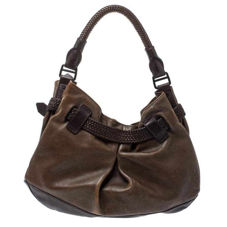 Pre Owned Burberry Dark Brown Logo Embossed Leather Buckle Detail Hobo