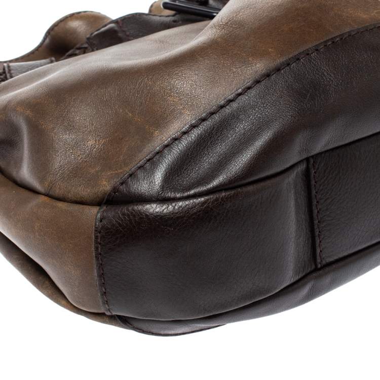 Pre Owned Burberry Dark Brown Logo Embossed Leather Buckle Detail Hobo