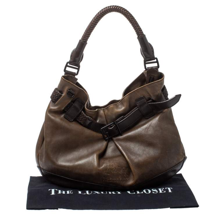 Pre Owned Burberry Dark Brown Logo Embossed Leather Buckle Detail Hobo