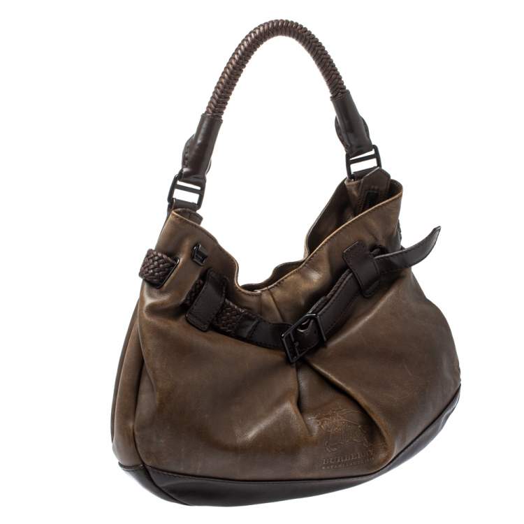 Pre Owned Burberry Dark Brown Logo Embossed Leather Buckle Detail Hobo