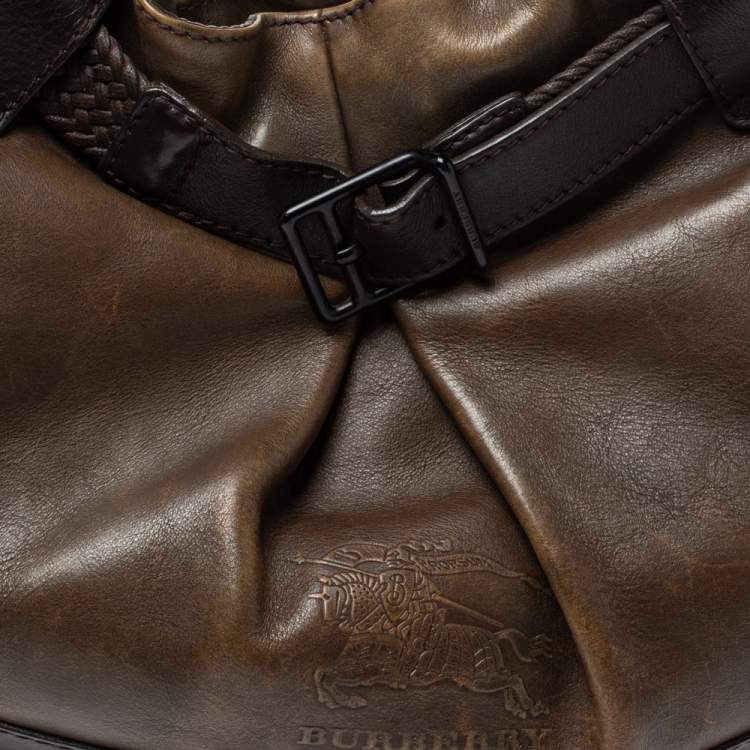 Pre Owned Burberry Dark Brown Logo Embossed Leather Buckle Detail Hobo