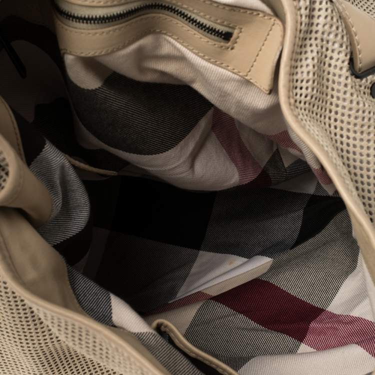 Pre Owned Burberry Beige Perforated Suede and Leather Oversized Hobo