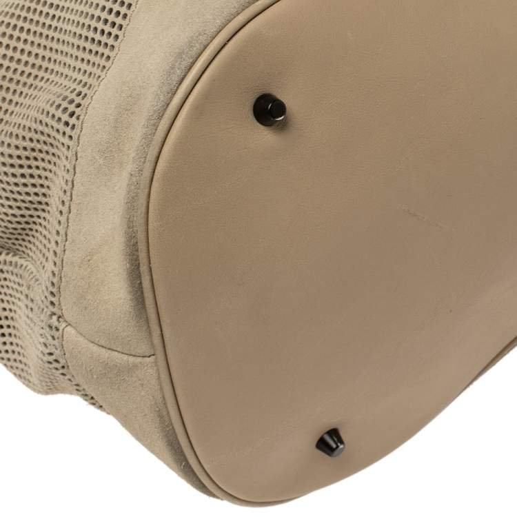 Pre Owned Burberry Beige Perforated Suede and Leather Oversized Hobo