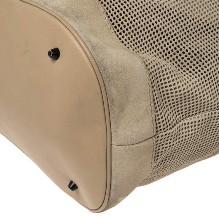 Pre Owned Burberry Beige Perforated Suede and Leather Oversized Hobo