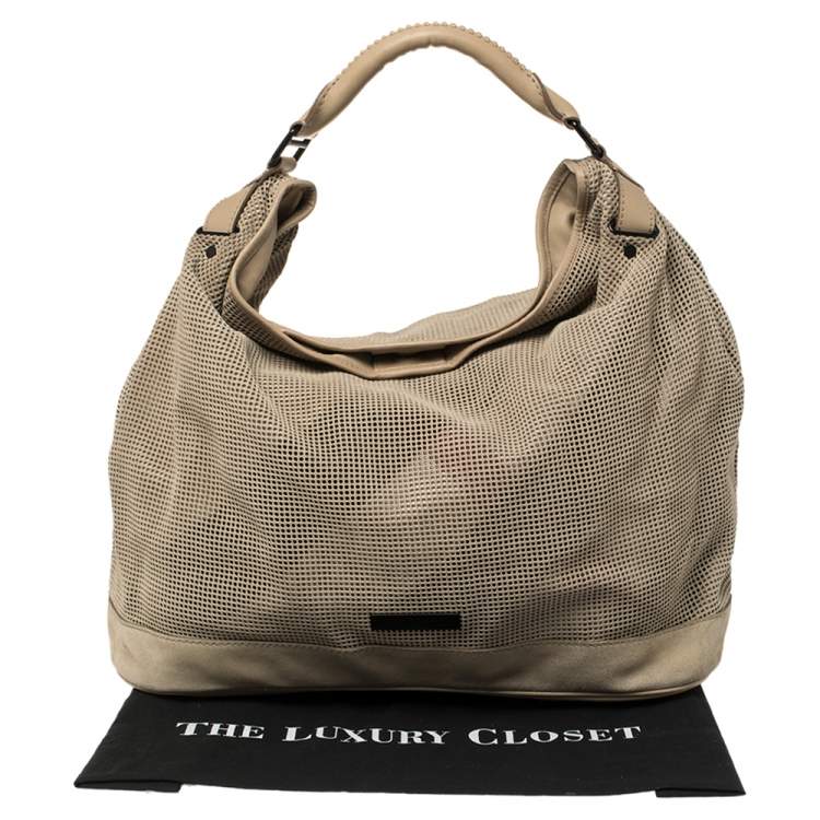 Pre Owned Burberry Beige Perforated Suede and Leather Oversized Hobo