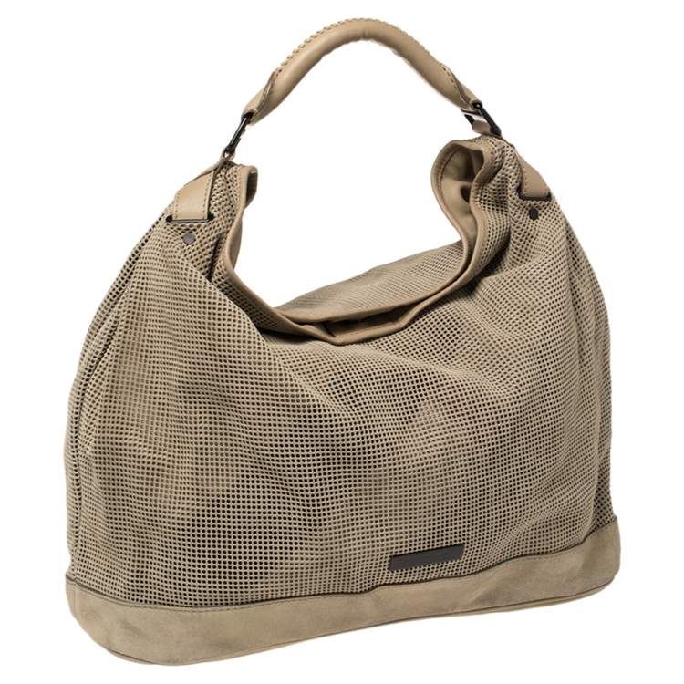 Pre Owned Burberry Beige Perforated Suede and Leather Oversized Hobo