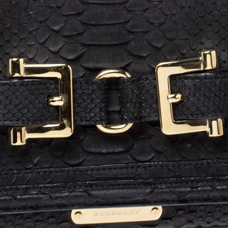 Pre Owned Burberry Black Python Double Buckle Flap Clutch