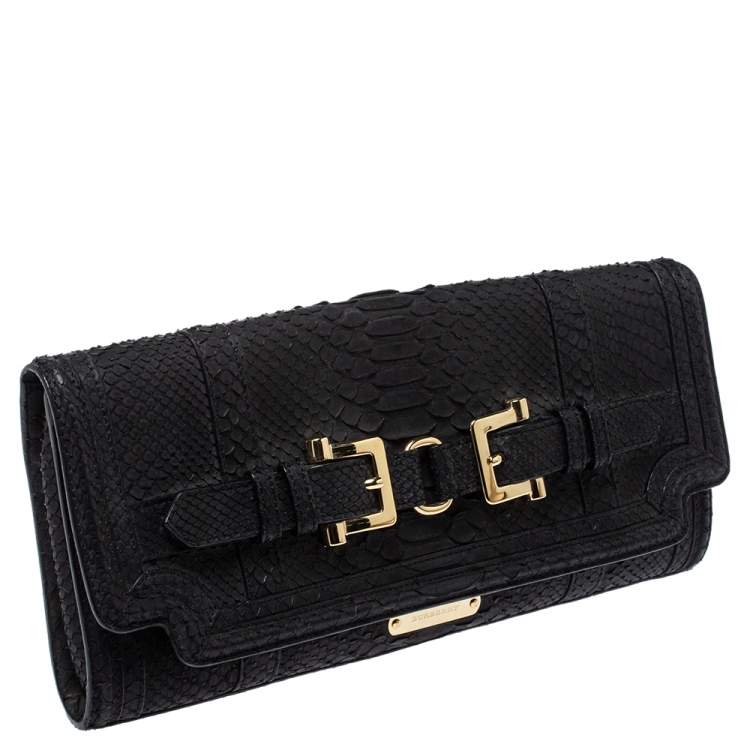 Pre Owned Burberry Black Python Double Buckle Flap Clutch