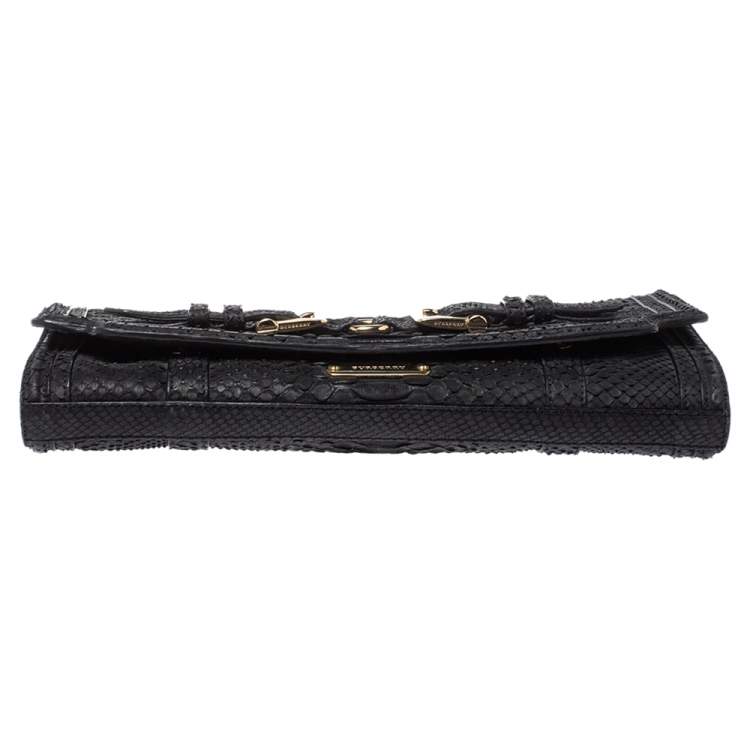 Pre Owned Burberry Black Python Double Buckle Flap Clutch
