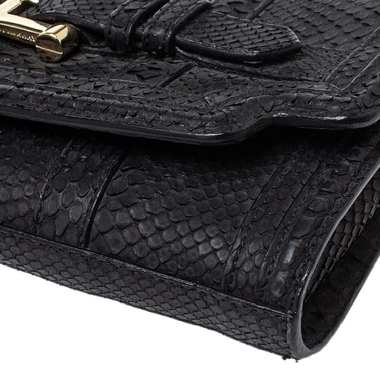Pre Owned Burberry Black Python Double Buckle Flap Clutch