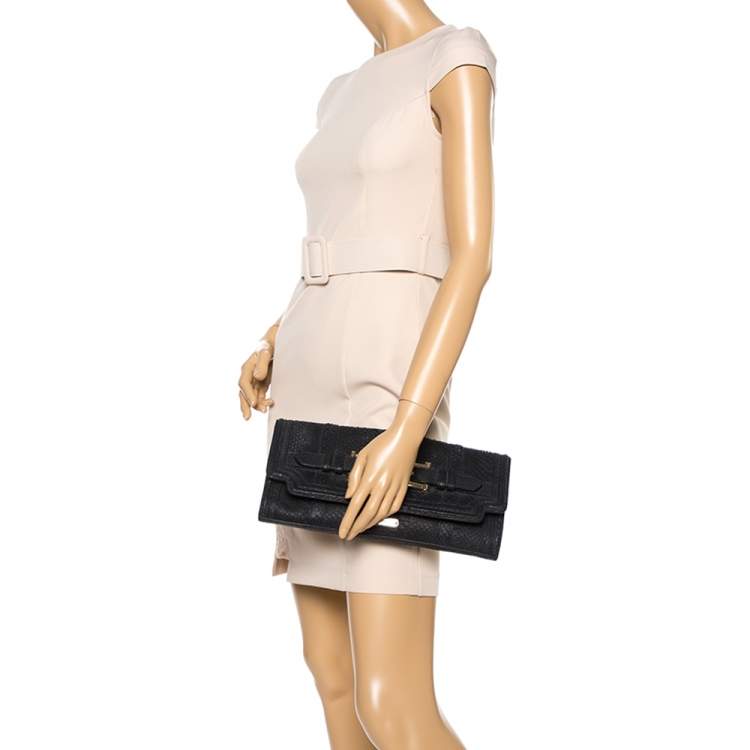 Pre Owned Burberry Black Python Double Buckle Flap Clutch