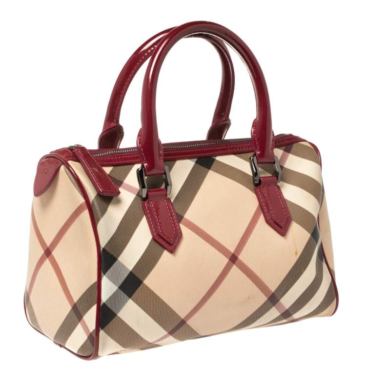 Pre Owned Burberry Red/Beige Nova Check Coated Canvas and Patent Leather Boston Bag
