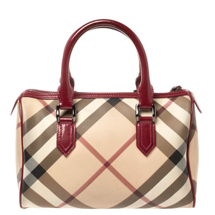 Pre Owned Burberry Red/Beige Nova Check Coated Canvas and Patent Leather Boston Bag