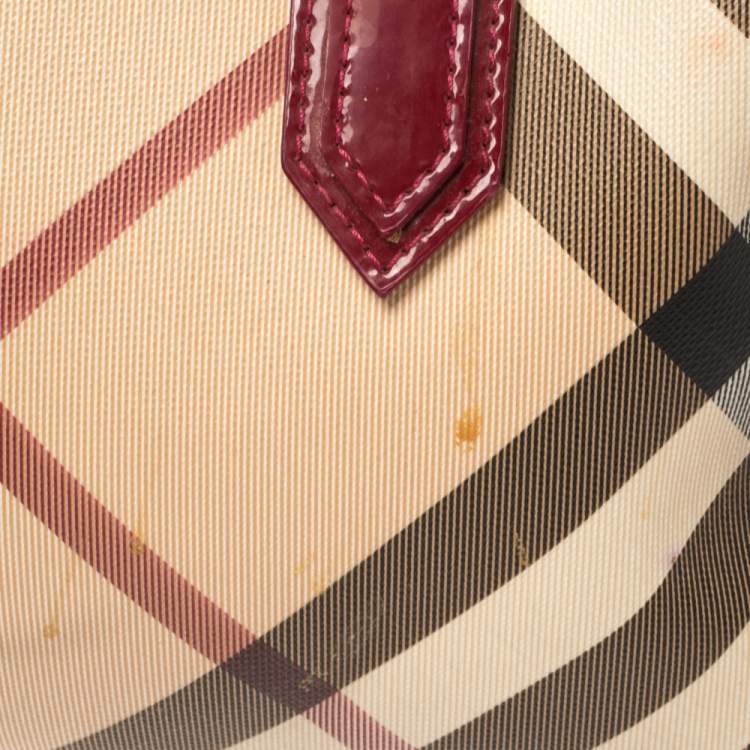 Pre Owned Burberry Red/Beige Nova Check Coated Canvas and Patent Leather Boston Bag