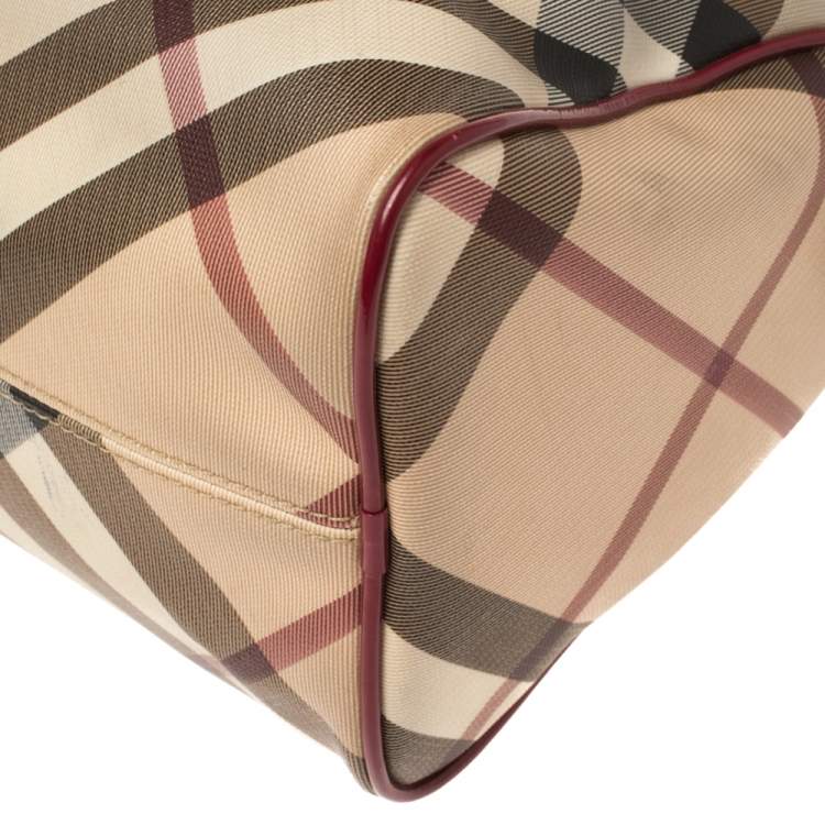 Pre Owned Burberry Red/Beige Nova Check Coated Canvas and Patent Leather Boston Bag