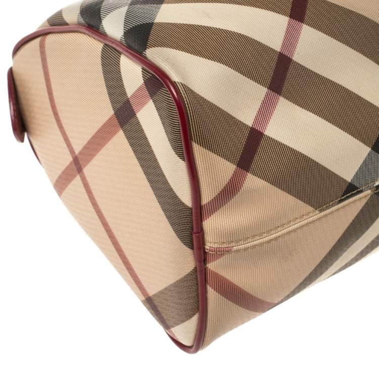 Pre Owned Burberry Red/Beige Nova Check Coated Canvas and Patent Leather Boston Bag