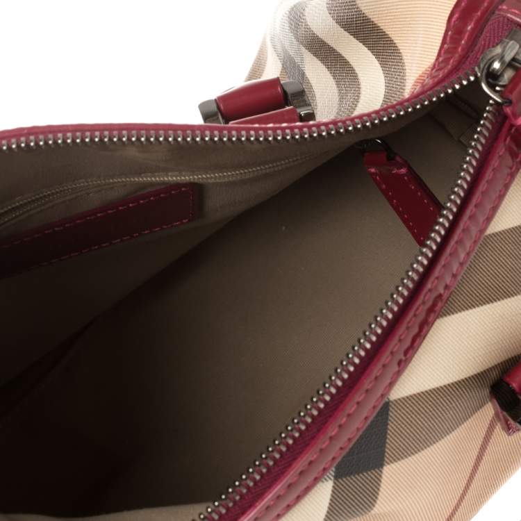 Pre Owned Burberry Red/Beige Nova Check Coated Canvas and Patent Leather Boston Bag