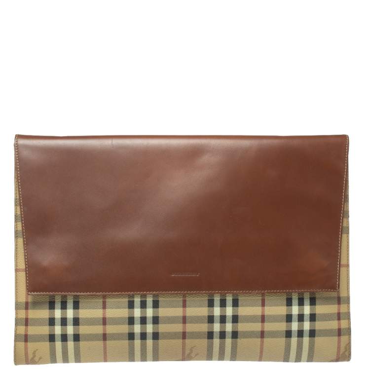 Pre Owned Burberry Beige/Brown Haymarket Check PVC and Leather Flap Oversized Clutch