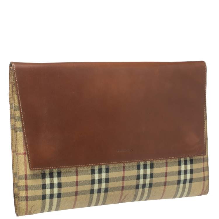 Pre Owned Burberry Beige/Brown Haymarket Check PVC and Leather Flap Oversized Clutch