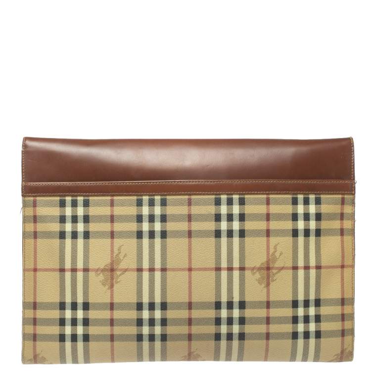 Pre Owned Burberry Beige/Brown Haymarket Check PVC and Leather Flap Oversized Clutch