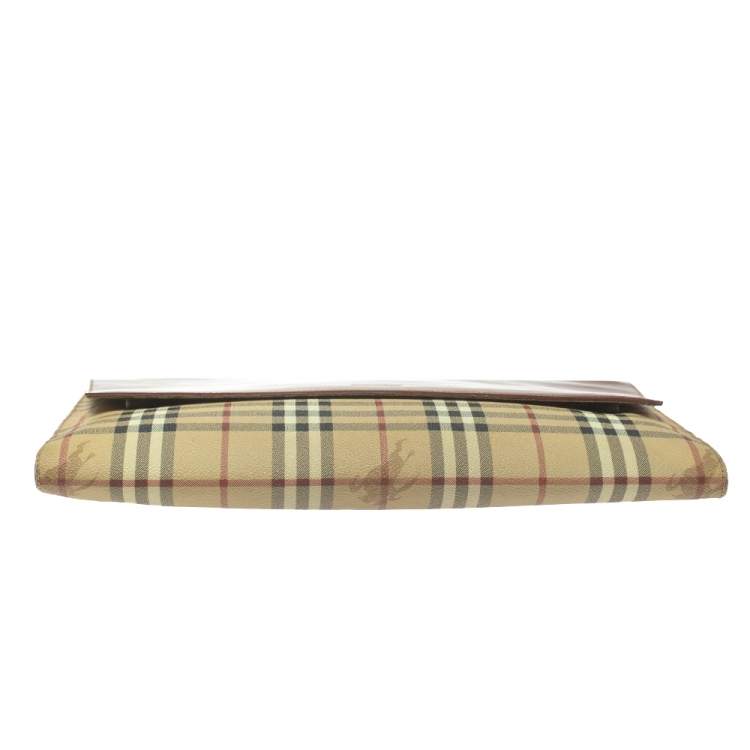 Pre Owned Burberry Beige/Brown Haymarket Check PVC and Leather Flap Oversized Clutch