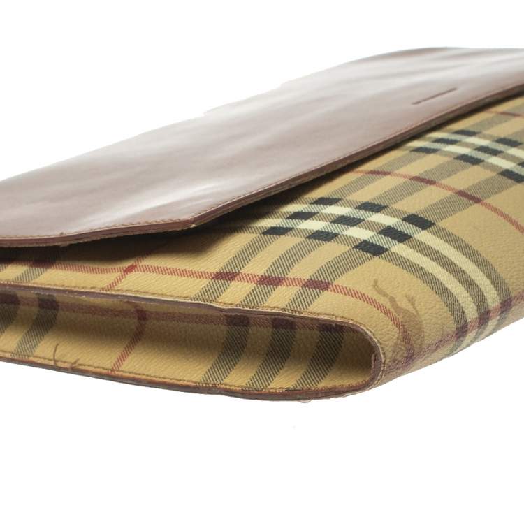 Pre Owned Burberry Beige/Brown Haymarket Check PVC and Leather Flap Oversized Clutch