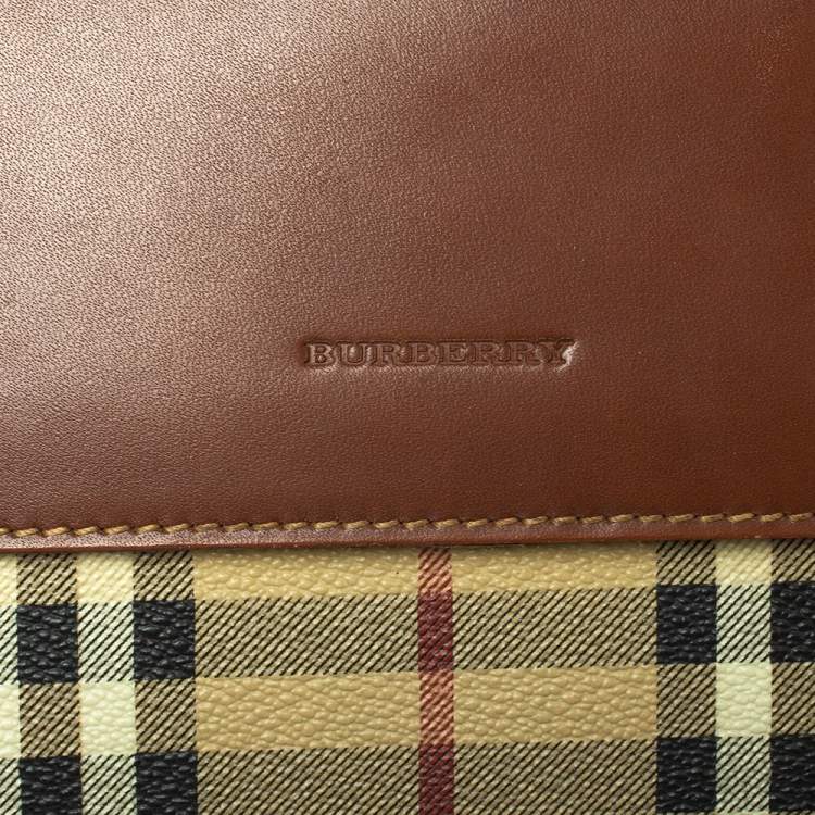 Pre Owned Burberry Beige/Brown Haymarket Check PVC and Leather Flap Oversized Clutch