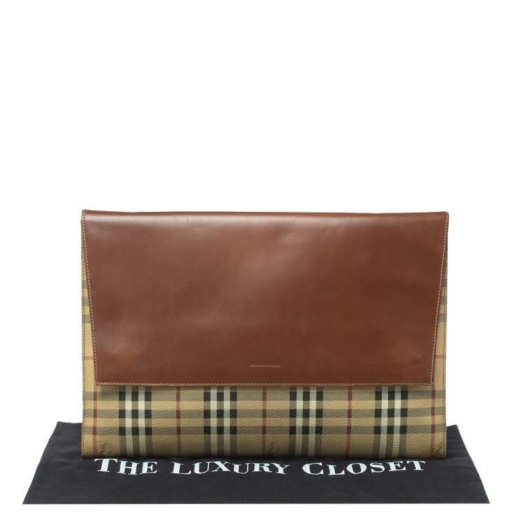 Pre Owned Burberry Beige/Brown Haymarket Check PVC and Leather Flap Oversized Clutch