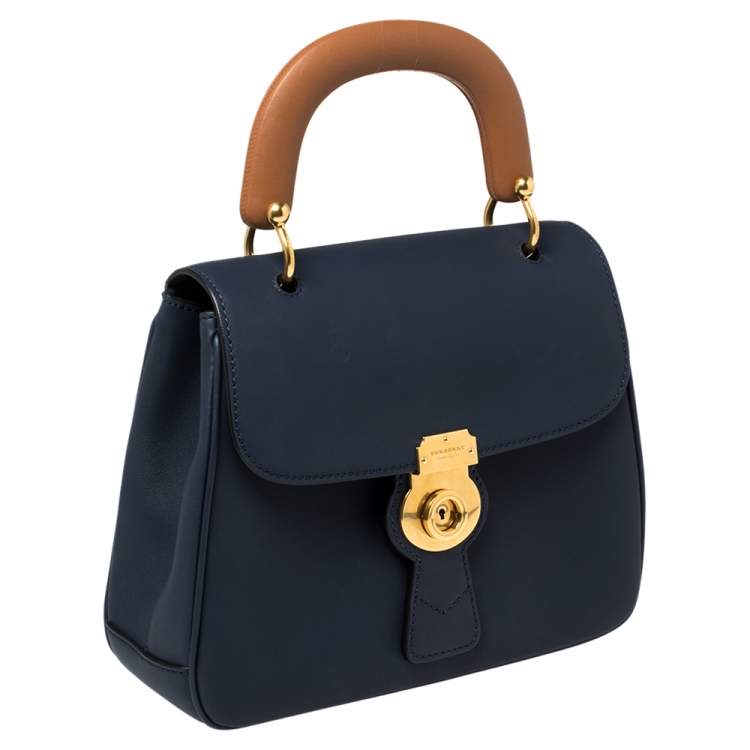Pre Owned Burberry Blue/Tan Leather Medium DK88 Top Handle Bag