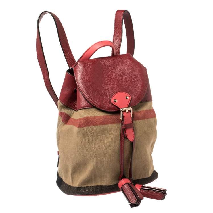Pre Owned Burberry Brown/Red House Check Canvas and Leather Drawstring Backpack