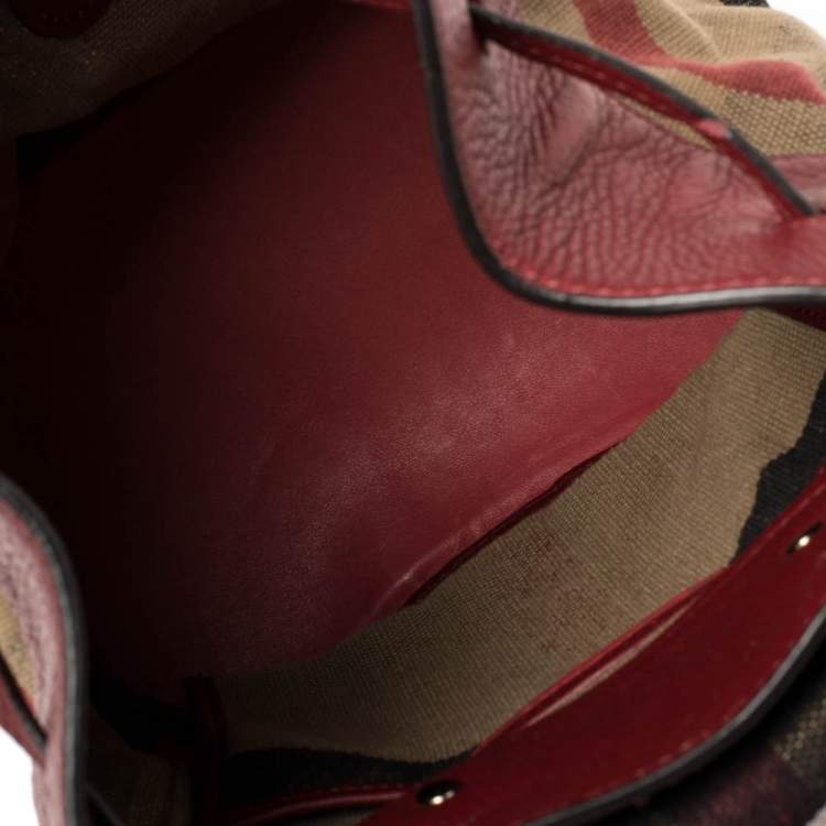 Pre Owned Burberry Brown/Red House Check Canvas and Leather Drawstring Backpack