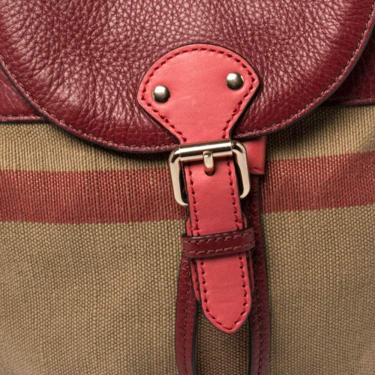 Pre Owned Burberry Brown/Red House Check Canvas and Leather Drawstring Backpack