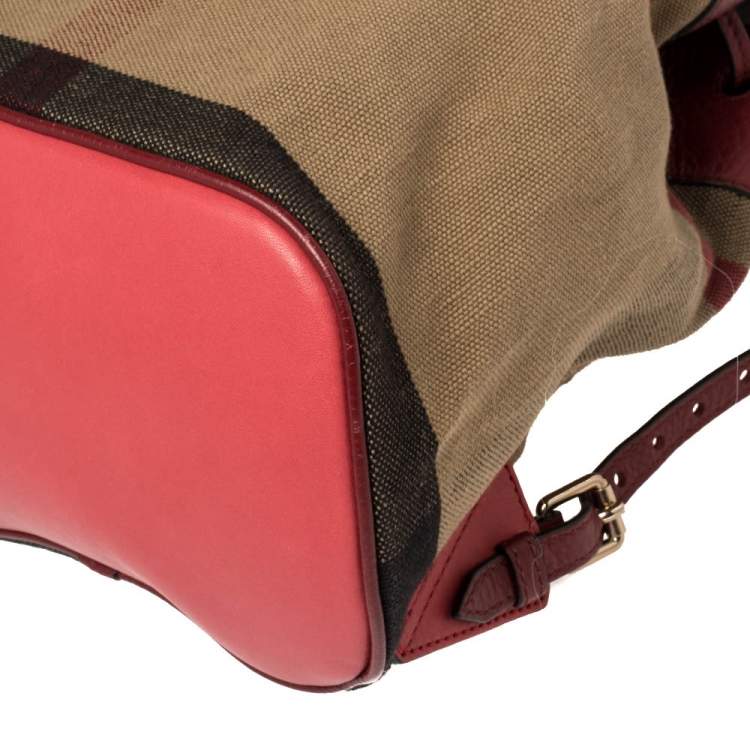 Pre Owned Burberry Brown/Red House Check Canvas and Leather Drawstring Backpack