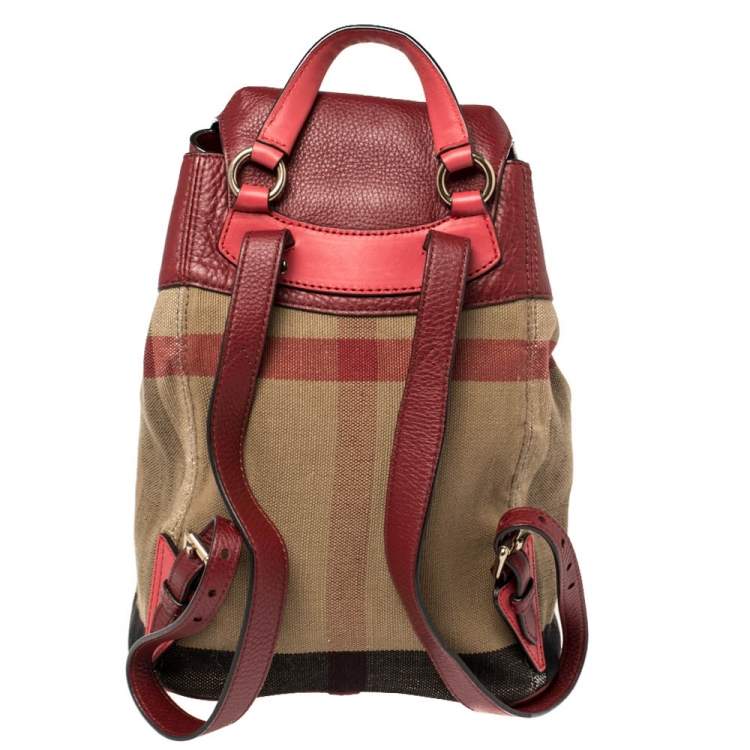Pre Owned Burberry Brown/Red House Check Canvas and Leather Drawstring Backpack