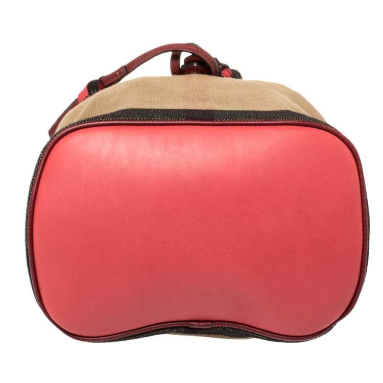 Pre Owned Burberry Brown/Red House Check Canvas and Leather Drawstring Backpack