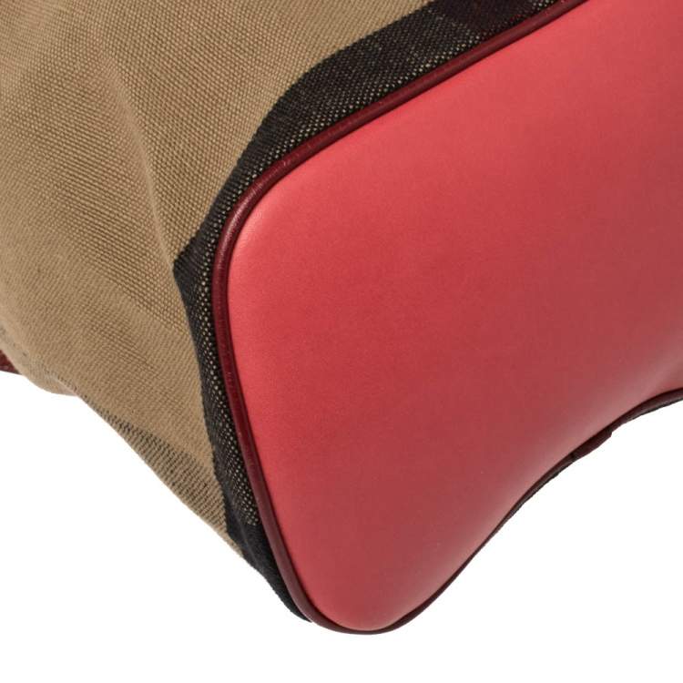 Pre Owned Burberry Brown/Red House Check Canvas and Leather Drawstring Backpack