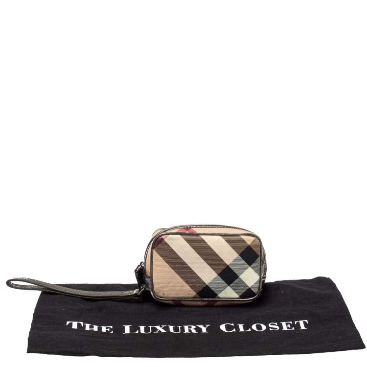 Pre Owned Burberry Beige/Metallic Nova Check PVC and Leather Wristlet Pouch