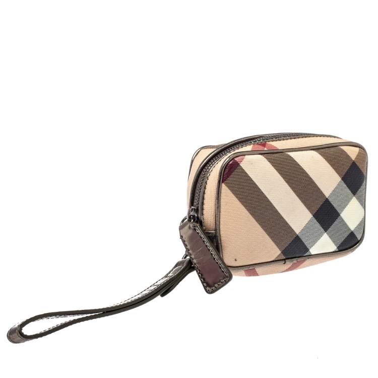 Pre Owned Burberry Beige/Metallic Nova Check PVC and Leather Wristlet Pouch