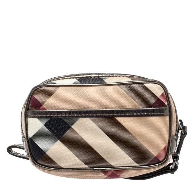 Pre Owned Burberry Beige/Metallic Nova Check PVC and Leather Wristlet Pouch