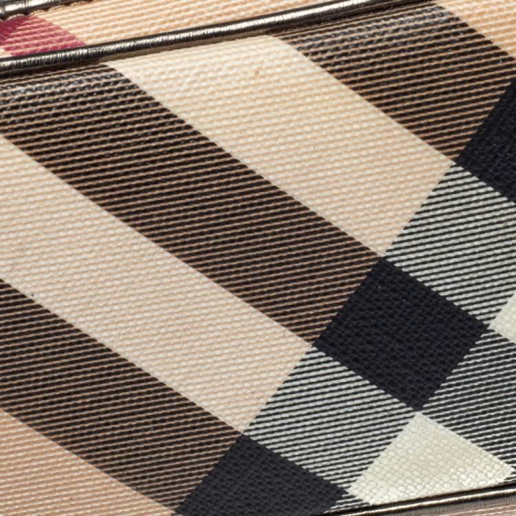 Pre Owned Burberry Beige/Metallic Nova Check PVC and Leather Wristlet Pouch