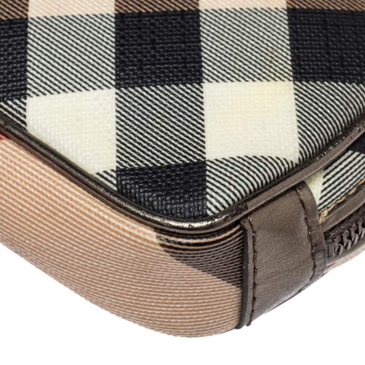 Pre Owned Burberry Beige/Metallic Nova Check PVC and Leather Wristlet Pouch