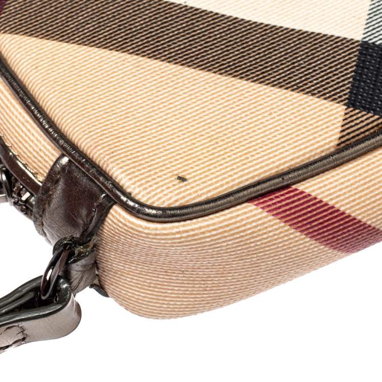 Pre Owned Burberry Beige/Metallic Nova Check PVC and Leather Wristlet Pouch