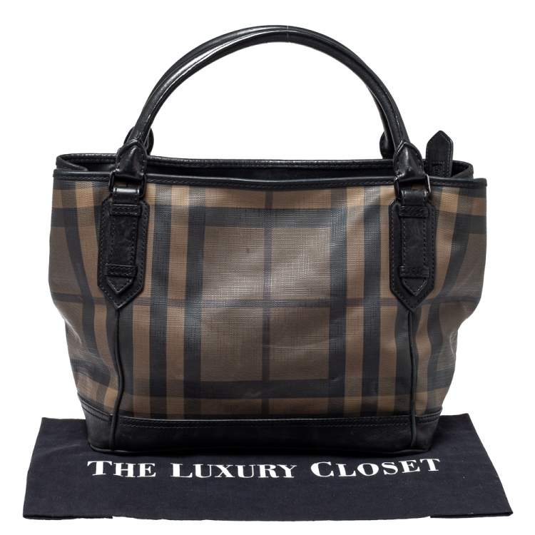 Pre Owned Burberry Brown/Black Smoke Check PVC and Leather Tote