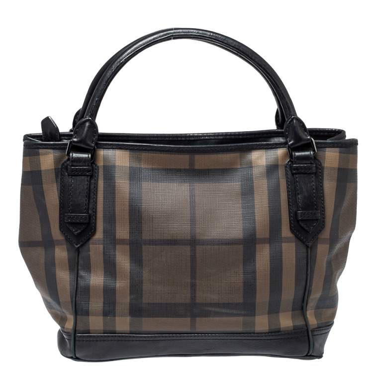 Pre Owned Burberry Brown/Black Smoke Check PVC and Leather Tote